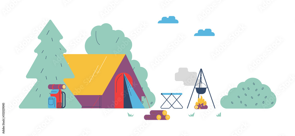 Campsite with tent and fire pit, flat cartoon vector illustration isolated.