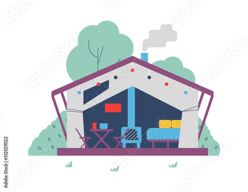 Big glamping tent or house with bed, fireplace and dining table - flat vector illustration isolated on white background.