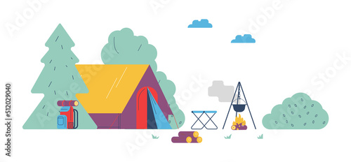 Campsite with tent and fire pit, flat cartoon vector illustration isolated.