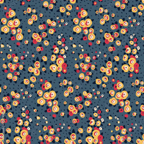Seamless floral pattern, liberty ditsy print with decorative meadow, sparse small flowers on blue. Cute botanical background, artistic surface design with careless plants, flowers, leaves. Vector.
