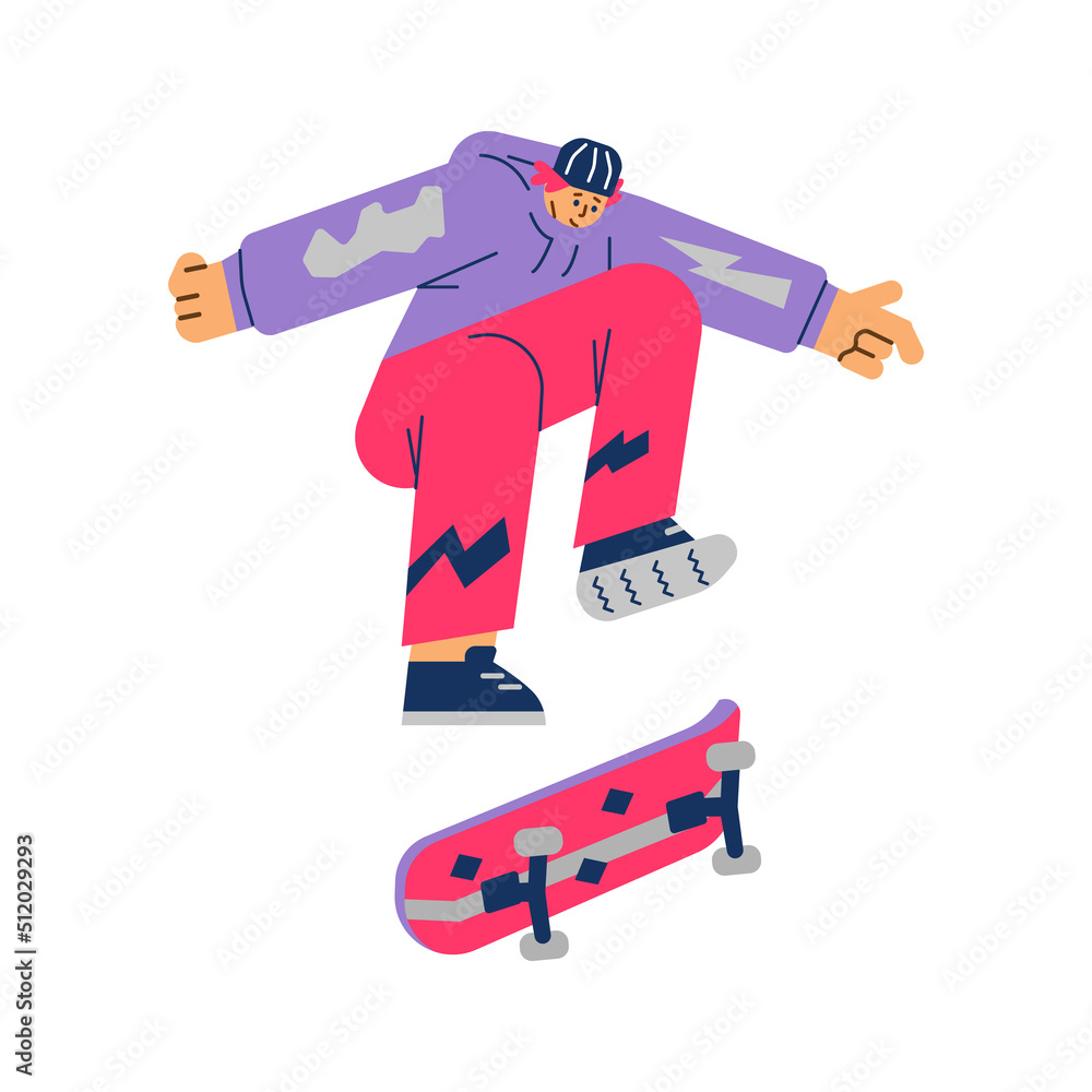 Modern teenager jumping on skateboard, flat vector illustration isolated on white background. Modern teenager jumping on skateboard, flat vector illustration isolated on white background.