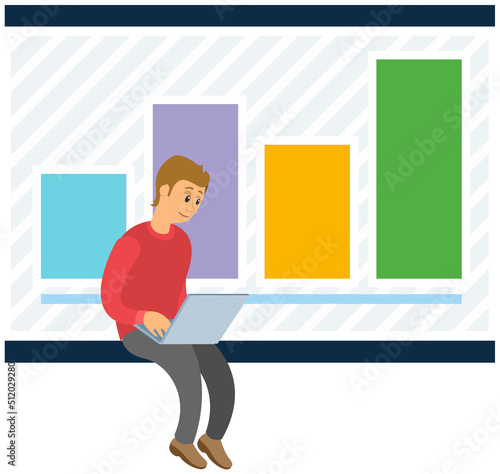 Analytics information and development statistics. Web analysis measure, product testing technology. Man analyses dashboard seo optimization, digital report. Statistical indicators and data on diagram