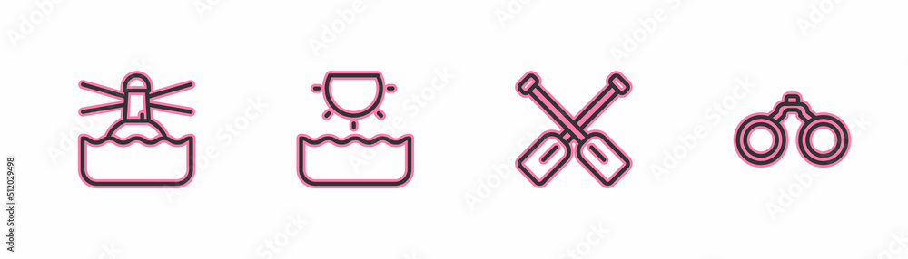 Set line Lighthouse, Paddle, Sun and Binoculars icon. Vector Set line Lighthouse, Paddle, Sun and Binoculars icon. Vector