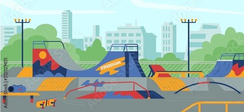 Empty skateboarding area for extreme sports, flat vector illustration.