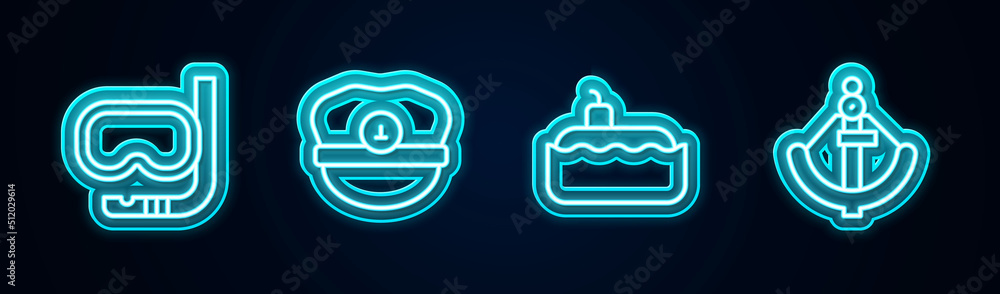 Set line Diving mask and snorkel, Captain hat, Submarine and Anchor. Glowing neon icon. Vector Set line Diving mask and snorkel, Captain hat, Submarine and Anchor. Glowing neon icon. Vector