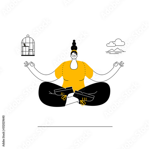 A woman in casual clothes meditates in the lotus position and chooses between a cage and freedom. Vector two-color illustration on the theme of relaxation and balance in life.