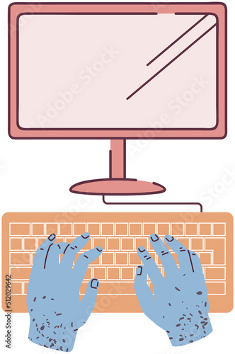 Hands typing on keyboard next to monitor. Device for entering information into computer. Human hands press buttons on keyboard. Organization of home or office workplace with desk and garniture