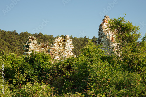 Ruin of an old stone house, in the Cesane mountains in Italy, Marche, close to Pesaro and Urbino. Various plants like broom and other herbs groe around photo