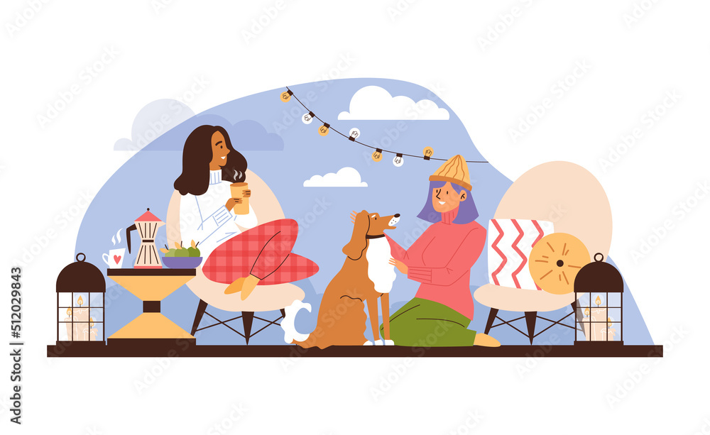 Fototapeta premium Two girls are camping in nature, vector illustration in flat style on a white background.