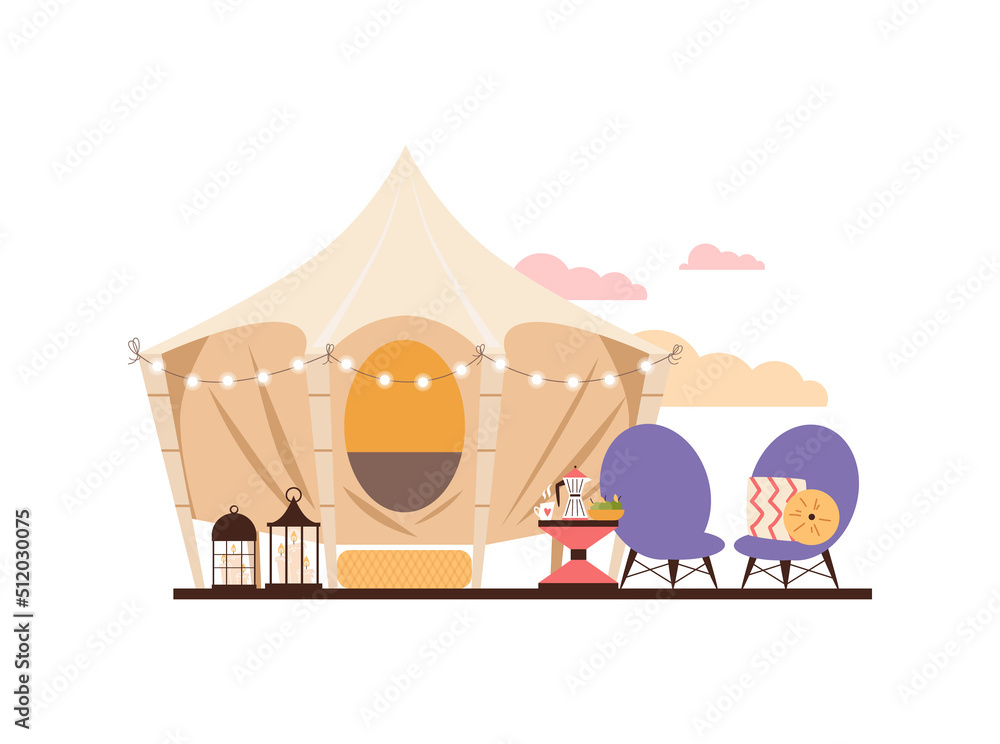 Comfortable tent for glamping with furniture, flat vector illustration isolated on white background. Comfortable tent for glamping with furniture, flat vector illustration isolated on white background.