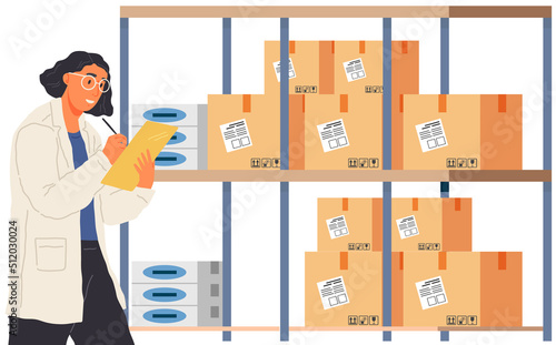 Woman checking stock inventory and making notes. Female employee counting boxes in storage. Lady in lab coat, laboratory assistant during work in storehouse. Warehouse with parcels or packages