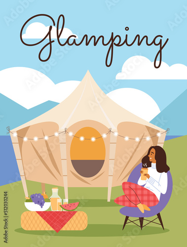 Happy woman relaxing by the river in front of glamping tent, poster template flat vector illustration.