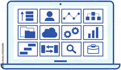 Technical support services for PC concept. Computer app, shortcut icons on screen vector illustration. Program for working with maintenance, software development. Installation of technology settings