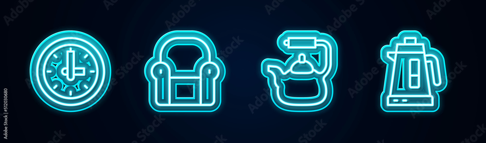 Set line Clock, Armchair, Kettle with handle and Electric kettle. Glowing neon icon. Vector Set line Clock, Armchair, Kettle with handle and Electric kettle. Glowing neon icon. Vector