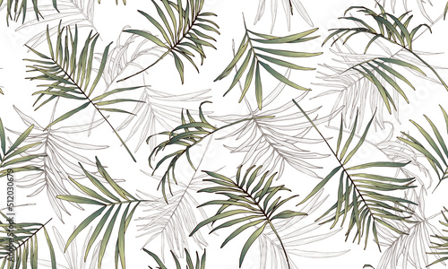 Vector tropical seamless pattern with palm leaves. Bright illustration for wallpaper, fabric, textile, wrapping paper, cover, package. In sketch style.