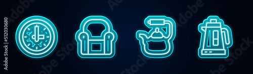 Set line Clock, Armchair, Kettle with handle and Electric kettle. Glowing neon icon. Vector
