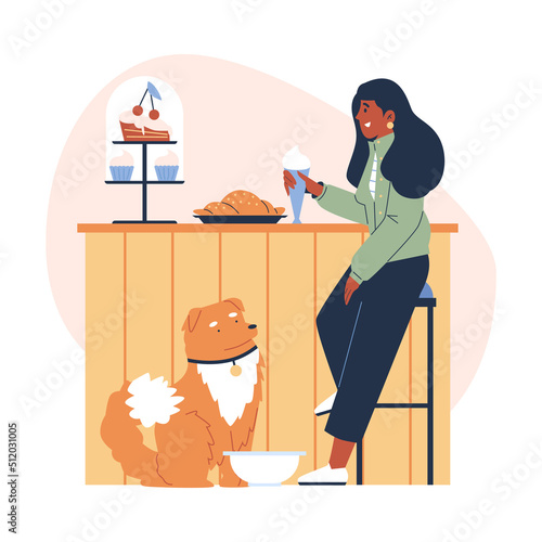 Woman, a girl drinks, eats in a cafe with a dog, flat illustrations on a white background.