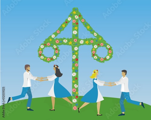 Finnish (Finland) people dancing around maypole at midsummer. Maupole is called toukokuu. Vector illustration.