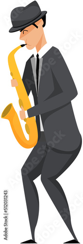 Jazz musician saxophone player with sax stands on white background. Vector man in suit playing musical instrument. Saxophonist playing on blowing musical instrument jazzman, brass orchestra concert