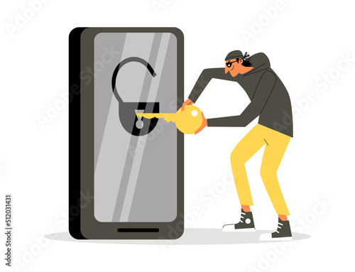Hacker intruder hacking phone security system flat vector illustration isolated.