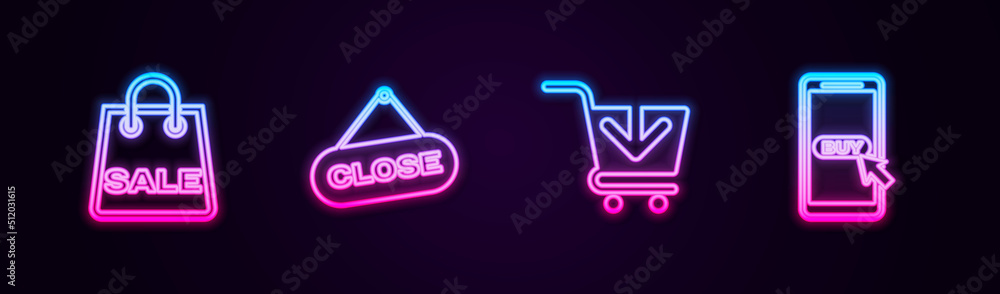 Set line Shopping bag with Sale, Hanging sign Close, Add to cart and Mobile and shopping. Glowing neon icon. Vector Set line Shopping bag with Sale, Hanging sign Close, Add to cart and Mobile and shopping. Glowing neon icon. Vector