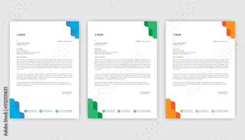 Multipurpose modern letterhead design with blue, green, and orange colorful business style. New elegant company clean and modern letterhead design template.
