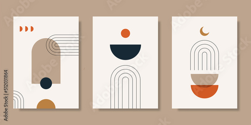 Collection of abstract backgrounds with simple geometric elements. Cover with minimalistic boho style and pastel colors for posters, covers, banners, social media posts