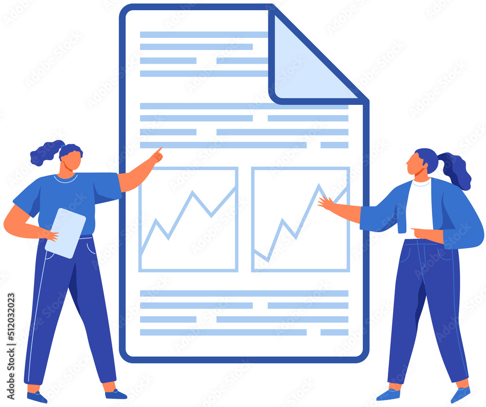 Analytics and development statistics. Web analysis measure, product testing technology. Woman analyses digital report. Statistical indicators and data on diagram. Graphic information visualization