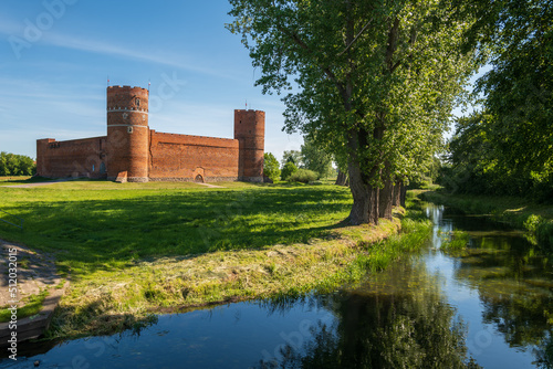 Landscape with medieval Castle of the Masovian Dukes and Lydynia River Valley in Ciechanow, Poland. photo