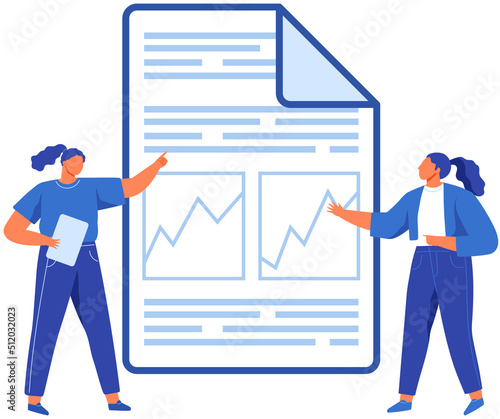 Analytics and development statistics. Web analysis measure, product testing technology. Woman analyses digital report. Statistical indicators and data on diagram. Graphic information visualization