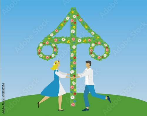 Finnish (Finland) people dancing around maypole at midsummer. Maupole is called toukokuu. Vector illustration.
