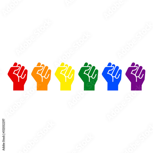 Set de mano con puño levantado color arco iris. Bandera lgbt. Vector para evento del mes del orgullo. Logo orgullo gay