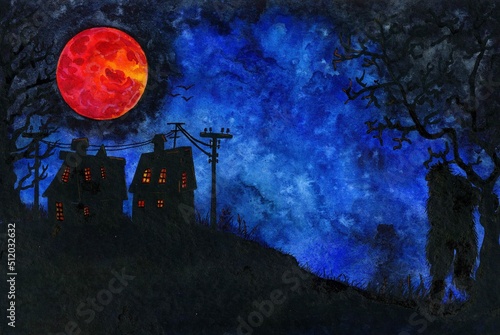 watercolor halloween greeting card. A scary illustration with a huge blood moon, silhouettes of houses and a snowman or yeti watching them behind a tree