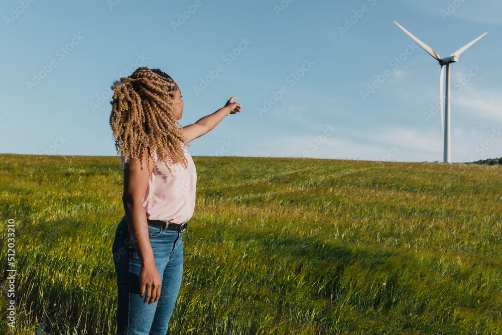 Young woman pointing at windmill standing in meadow Young woman pointing at windmill standing in meadow