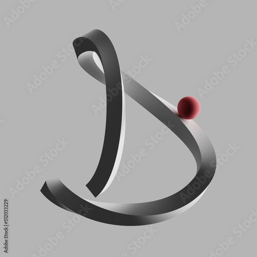 Three dimensional render of red sphere balancing on letter D