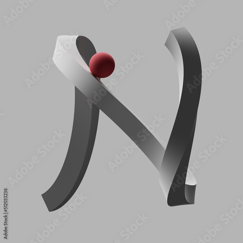 Three dimensional render of red sphere balancing on letter N photo