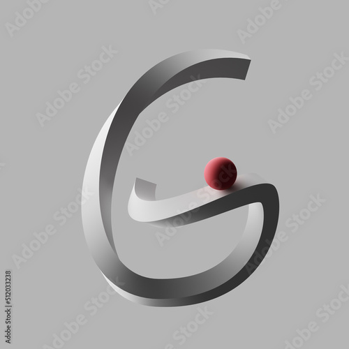 Three dimensional render of red sphere balancing on letter G photo
