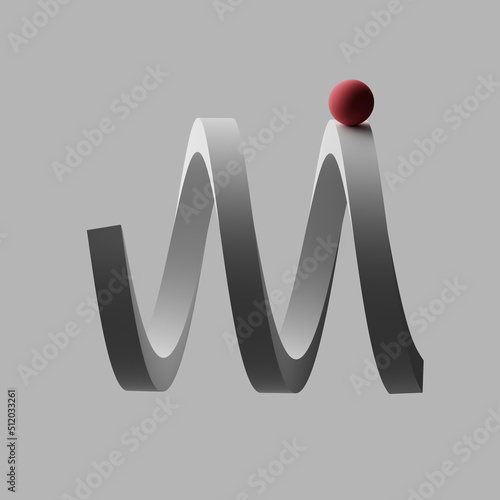 Three dimensional render of red sphere balancing on letter M photo