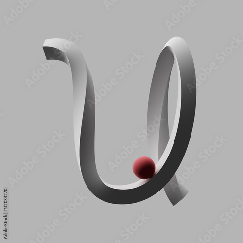 Three dimensional render of red sphere balancing on letter U photo