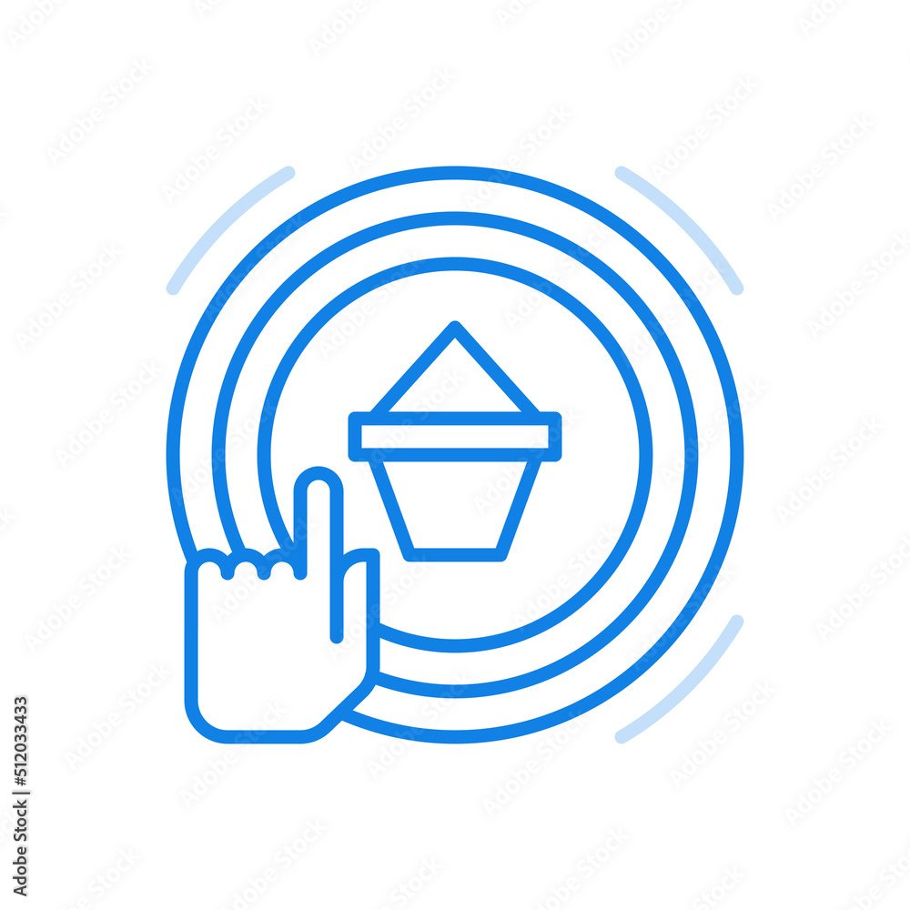 Ordering and buying fast food vector line icon. Finger clicks button with package in center. Ordering and buying fast food vector line icon. Finger clicks button with package in center.