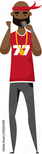 Young African male singer holding microphone, cartoon vector character singing song or talking to music. Full height portrait of black man in bandana cap, rap, hip-hop singer, modern popular artist