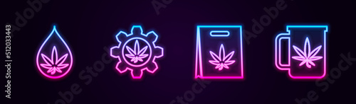 Set line Marijuana or cannabis leaf oil, Test tube with marijuana, Shopping bag of and Cup tea. Glowing neon icon. Vector