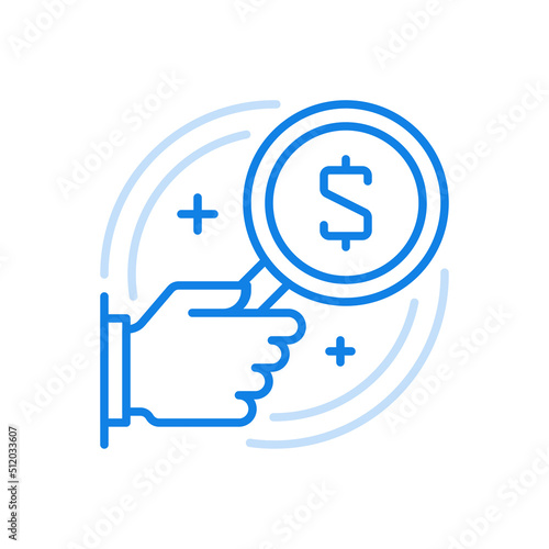 Study commercial analytics vector line icon. Hand holds magnifying glass with money symbol in center.