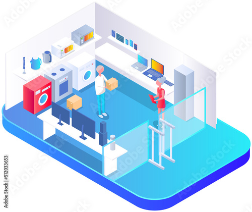 Home appliances and domestic equipment store in shopping mall, washing machine, refrigerator for home use, microwave and kettle for kitchen room. Electronic retail, exhibition of new models of device