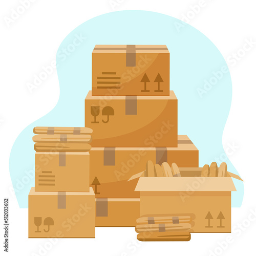 Vector illustration in a flat style. Pile of cardboard boxes isolated on white background