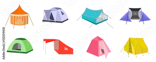 Set of multicolored tents in a cartoon style. Vector illustration of charming camping tents, outdoor recreation, different shapes.