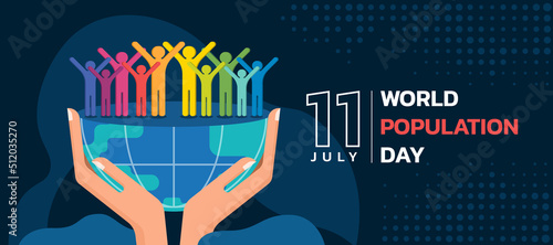 World Population Day - hand hold earth with group of colorful people raise arms stand on drak blue background vector design