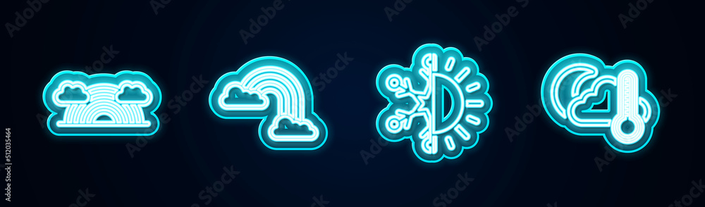 Set line Rainbow with clouds, , Sun and snowflake and Thermometer cloud, moon. Glowing neon icon. Vector Set line Rainbow with clouds, , Sun and snowflake and Thermometer cloud, moon. Glowing neon icon. Vector