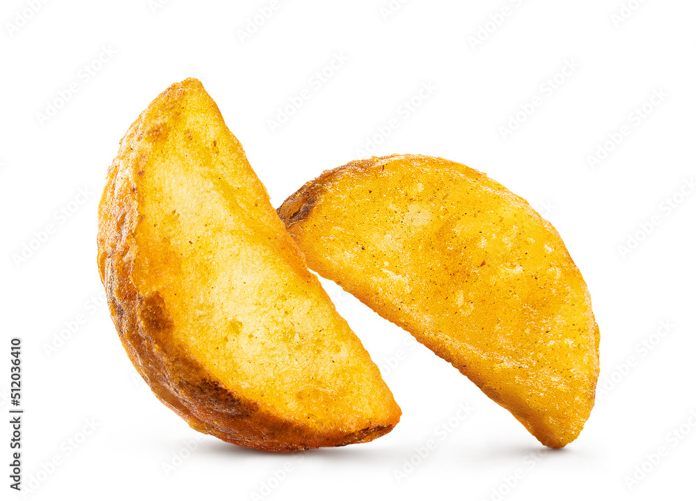 Two delicious potato wedges, isolated on white background Two delicious potato wedges, isolated on white background