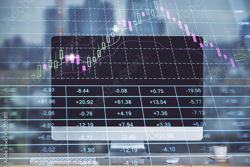 Forex market chart hologram and personal computer background. Multi exposure. Concept of investment.